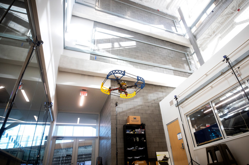 A drone in tested in the Fly Lab in the Ford Robotics Building.